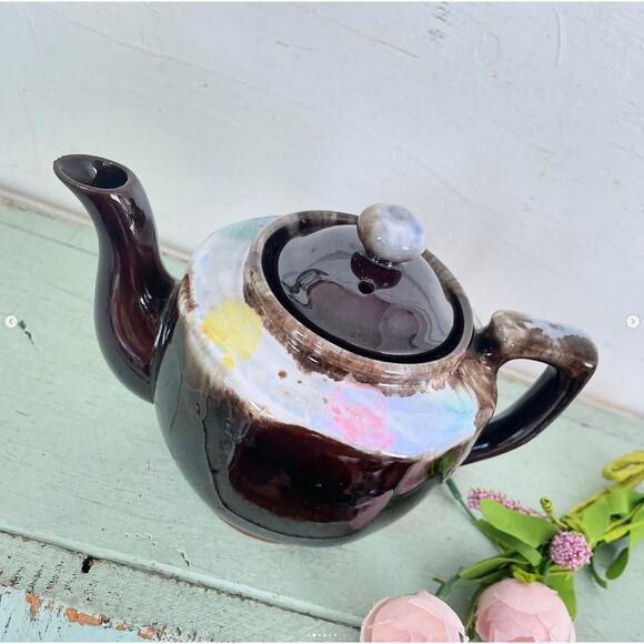 Vintage Lusterware Brown Drip Pottery Teapot for One Marked H32-39 Japan - Picture 2 of 6